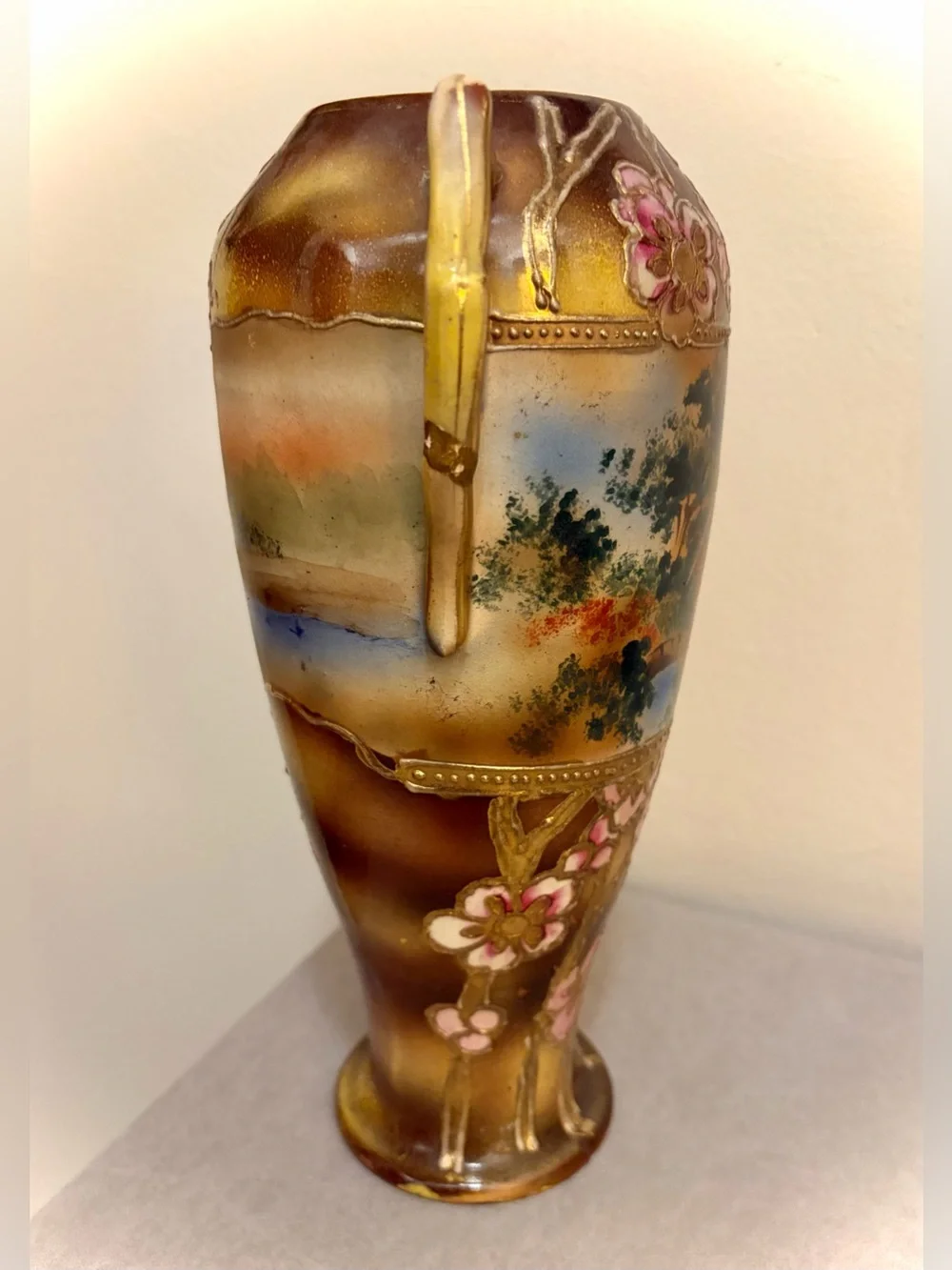 Japanese Nippon-Style Urn, Exquisite Moriage Florals & Landscape Antique 10 inch